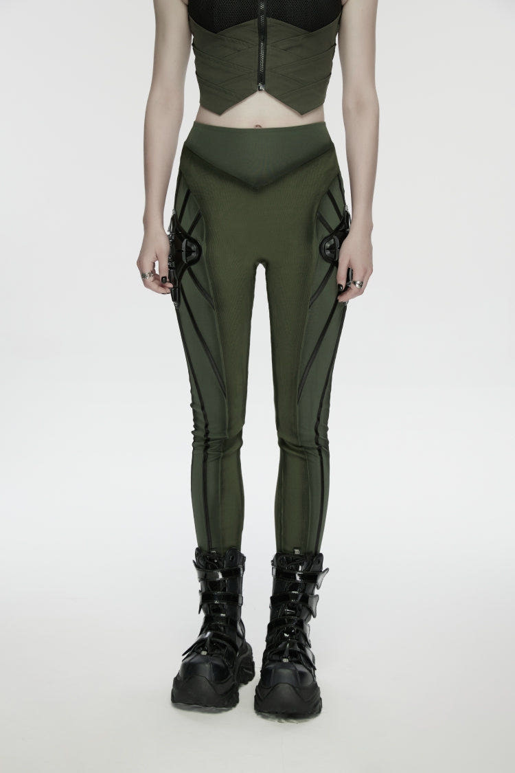 Black/Green Slim Women's Armor-Accentuated Paneled Punk Leggings - Black/Green - 1
