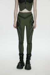 Black/Green Slim Women's Armor-Accentuated Paneled Punk Leggings - Black/Green - 1