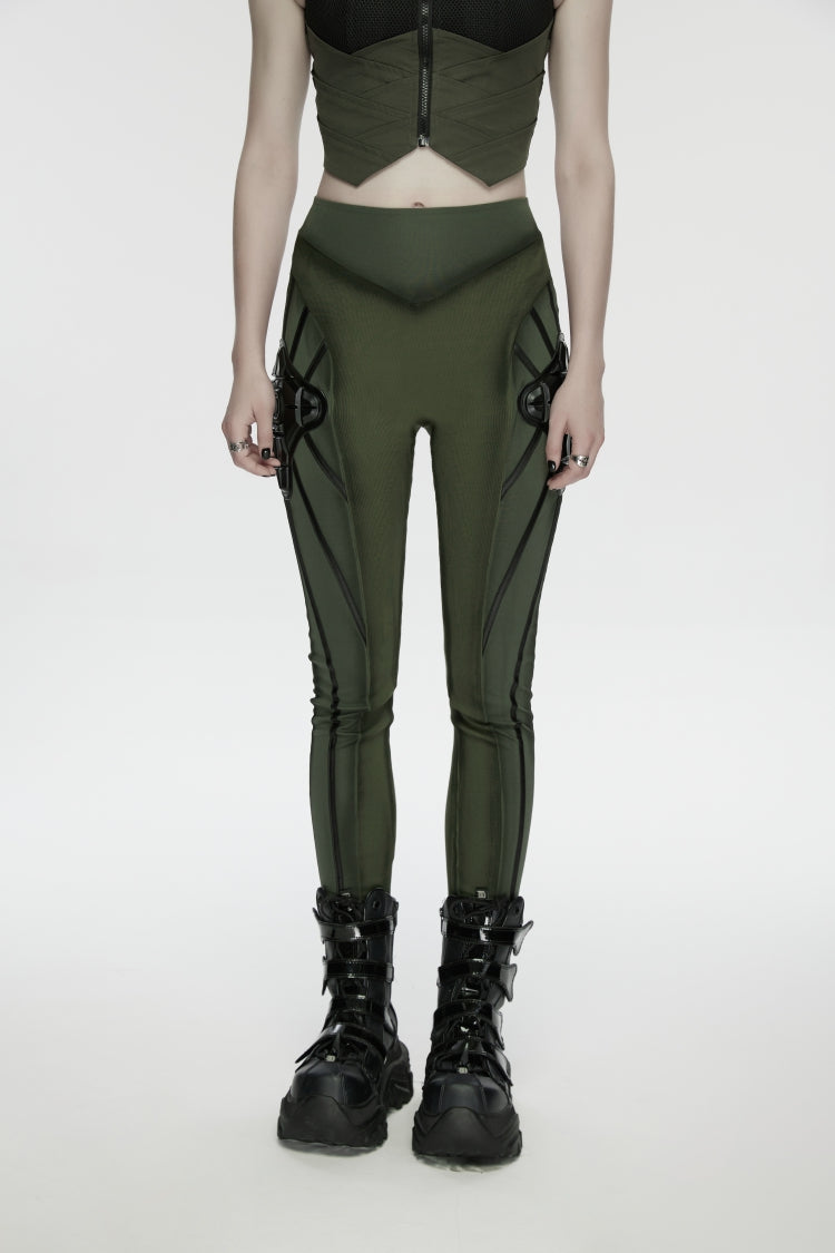 Black/Green Slim Women's Armor-Accentuated Paneled Punk Leggings - Black/Green - 1