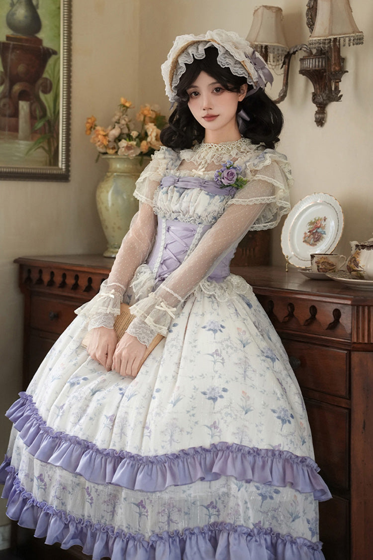 Purple/Ivory [Iris Secrets] Double-Layered Print Ruffle Bowknot Lace-Up Fake Two Pieces Sweet Lolita Jsk Dress - Product - 16