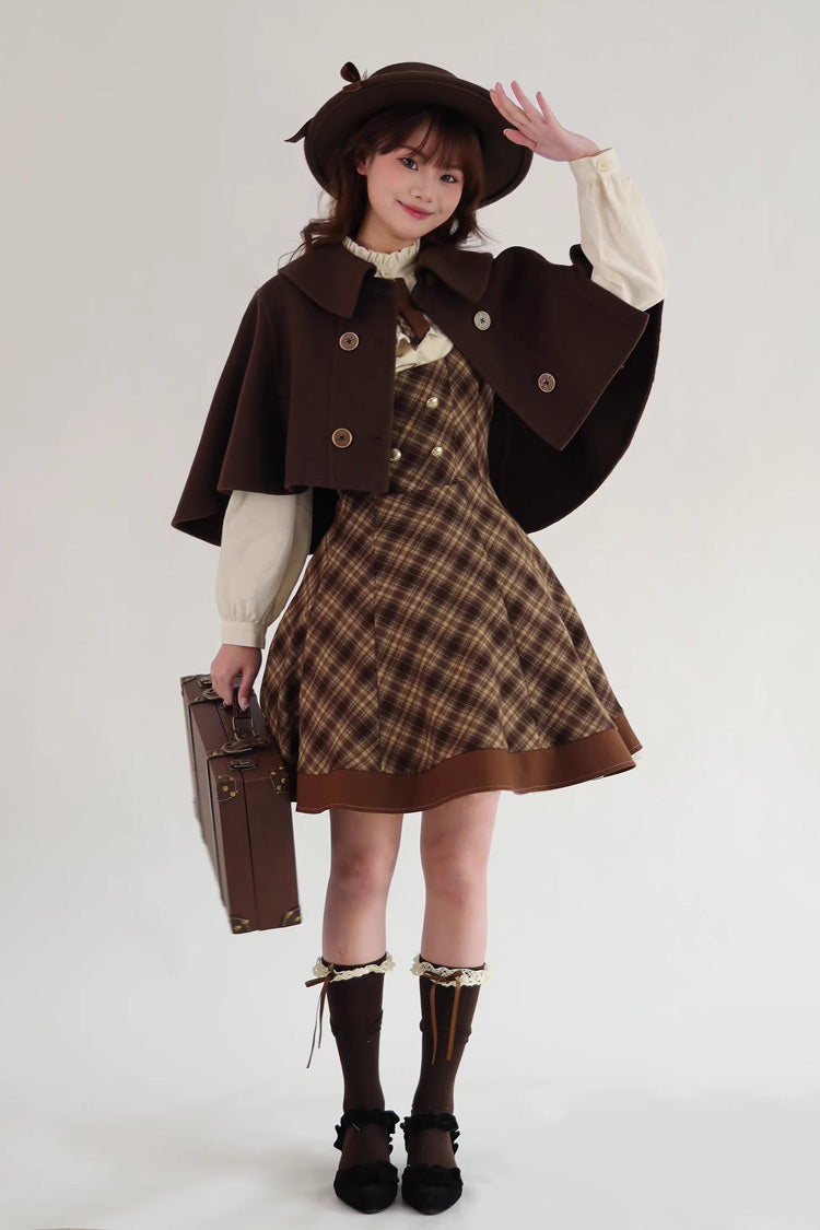 Brown [Broken Pocket Watch] Sleeveless Printed Classic Lolita Bust-Support Jsk Dress - Cape - 15