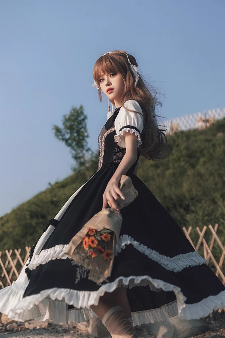 Black/White Bavarian Style Rose Embroidery Short Sleeves Sweet Lolita Dress - Product - 6
