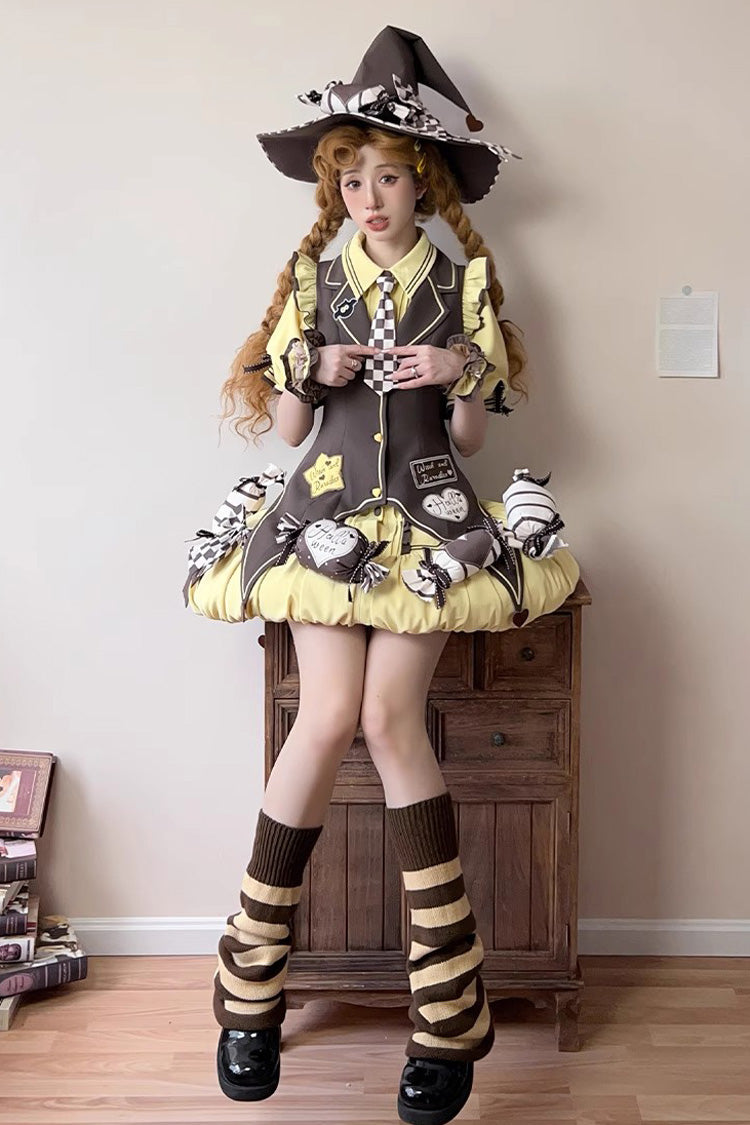 Brown/Yellow [Witch and Paradise] Short Sleeves Ruffle Bowknot Sweet Japanese Halloween Lolita Dress Vest Set - Product - 9