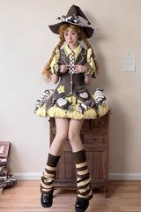 Brown/Yellow [Witch and Paradise] Short Sleeves Ruffle Bowknot Sweet Japanese Halloween Lolita Dress Vest Set - Product - 9