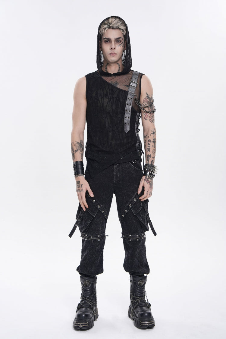 Black Hooded Sheer Asymmetric Chain-Decorated Men's Punk Hooded Vest - Product - 2