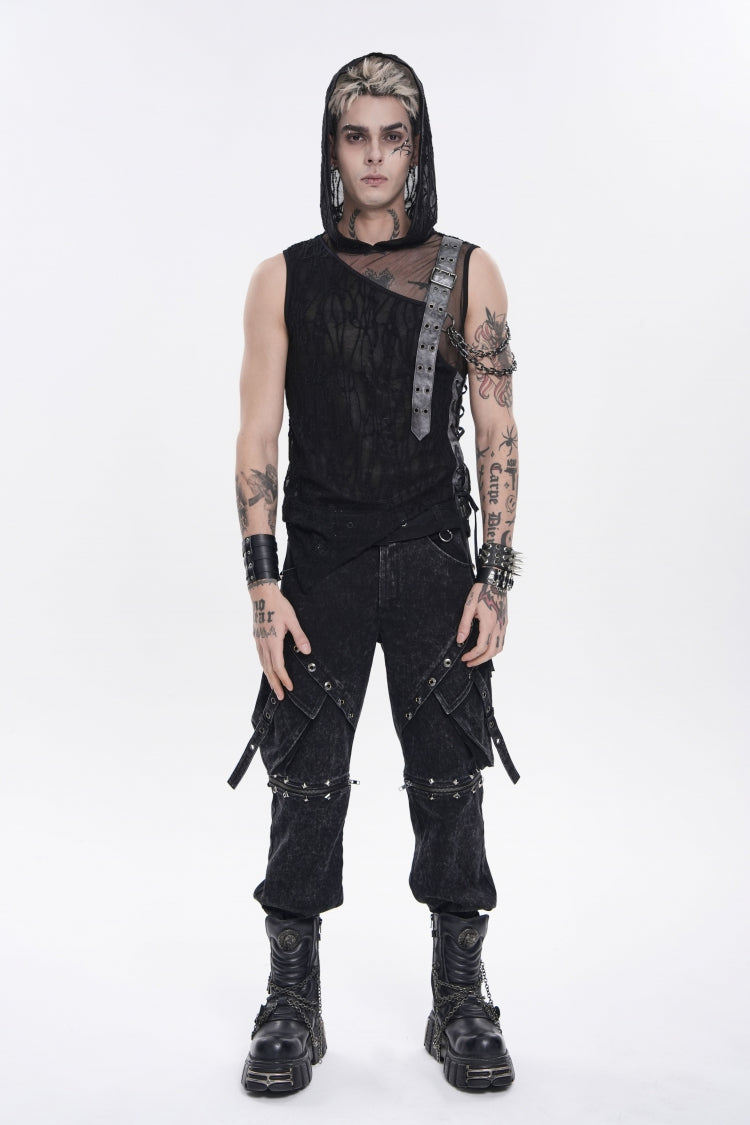 Black Hooded Sheer Asymmetric Chain-Decorated Men's Punk Hooded Vest - Product - 2