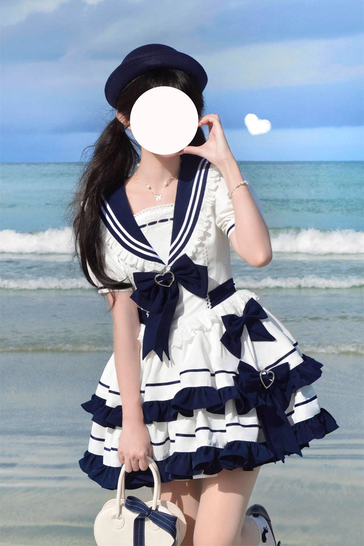 Dark Blue Navy Style Short Sleeves Double Layer Ruffle Bowknot Lace Sweet Lolita Dress - Product - 3