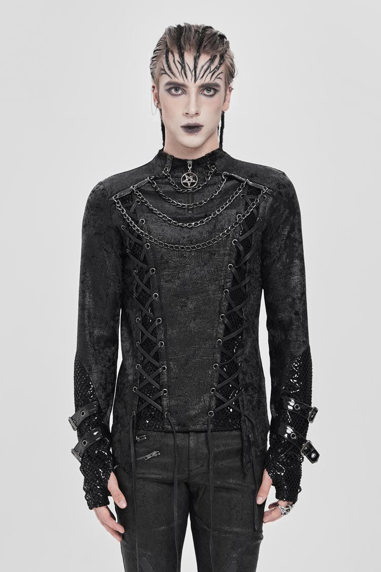 Black Stitching Lace-Up Mesh Chain Men's Punk Blouse - Black - 1