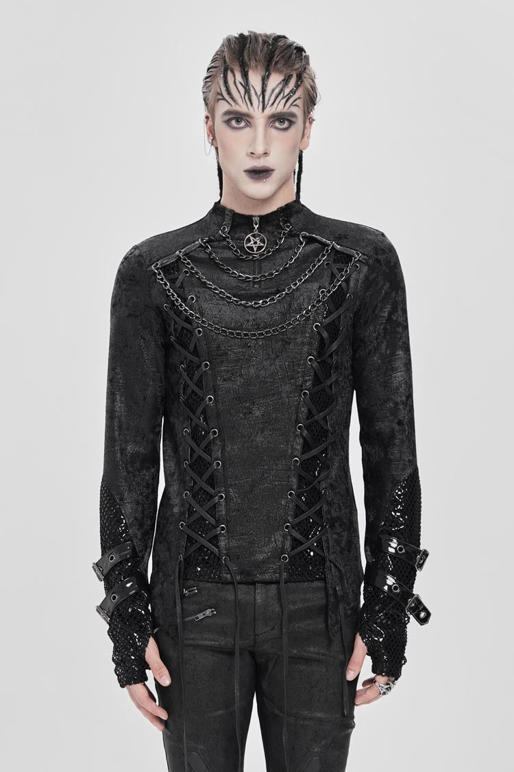 Black Stitching Lace-Up Mesh Chain Men's Punk Blouse - Black - 1
