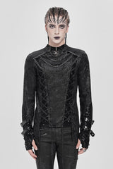 Black Stitching Lace-Up Mesh Chain Men's Punk Blouse - Black - 1