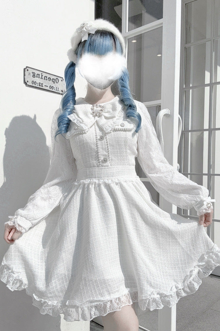 White Long Sleeves Bowknot Lace Pearl Sweet Jirai Kei Dress - White - 1