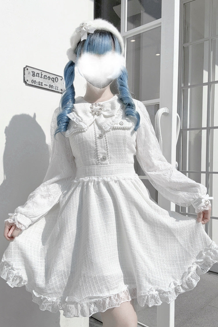 White Long Sleeves Bowknot Lace Pearl Sweet Jirai Kei Dress - White - 1