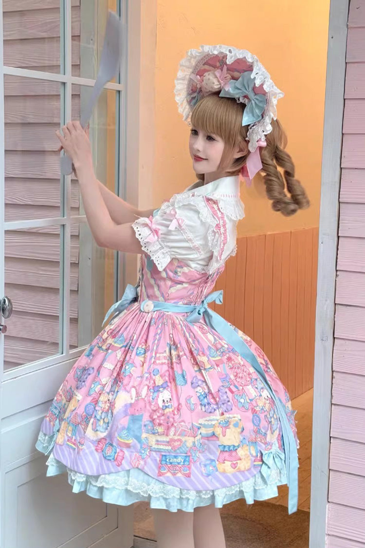 Pink [Rainbow Buffy Bunny] Sleeveless Double-Layered Ribbon Doll Printed Ruffled Bow Sweet Lolita Jsk Dress Set - Product - 2