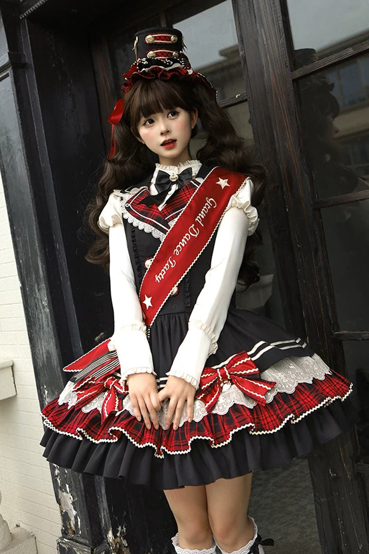 Black [Honor Guard Gala] V Collar Multi-Layered Printed Ruffled Bow Classic Gothic College Style Lolita Jsk Dress - Product - 11