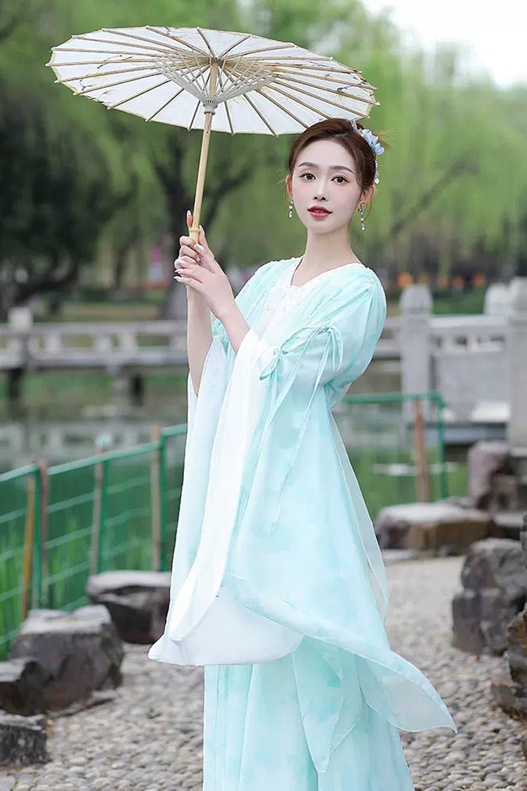Blue V Collar High Waisted Lace-Up Women's Classic Hanfu Dress - Product - 3