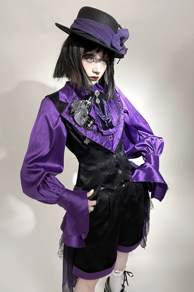 Black/Purple [Moonlit Return] Jacquard Printed Lace-Up Gothic Elegant Ouji Lolita (Blouse/Pants/Shorts/Vest) - Black/Purple(Vest-Only) - 1