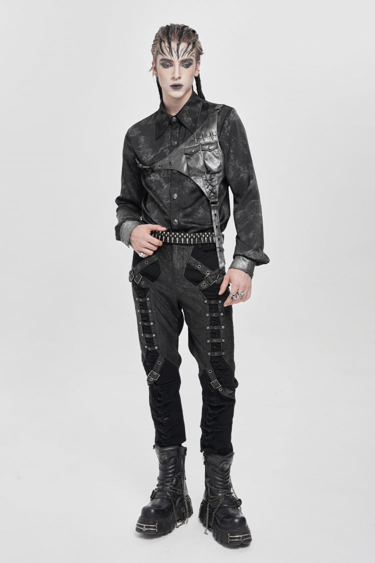 Black Long Sleeves Print Stitching Asymmetric Bullet Men's Punk Blouse - Product - 12