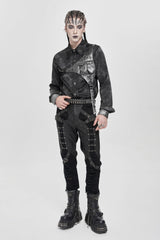 Black Long Sleeves Print Stitching Asymmetric Bullet Men's Punk Blouse - Product - 12