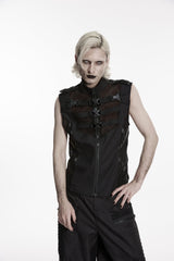 Black Stand Collar Sleeveless Cut-Out Spliced Mesh Buckled Eyelet Men's Punk Handsome Vest - Black - 1