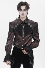 Red  Cross Spider Turn-down Collar Long Trumpet Sleeves Printed Lace Men's Gothic Shirt - Product - 10