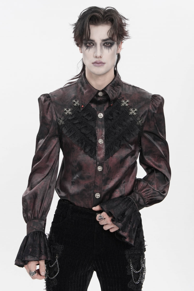 Red  Cross Spider Turn-down Collar Long Trumpet Sleeves Printed Lace Men's Gothic Shirt - Product - 10