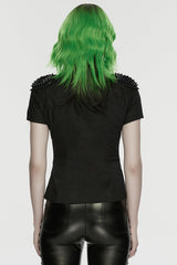 Black Lapel Collar Short Sleeves Mesh Studded Tassels  Women's Punk Blouse - Product - 3