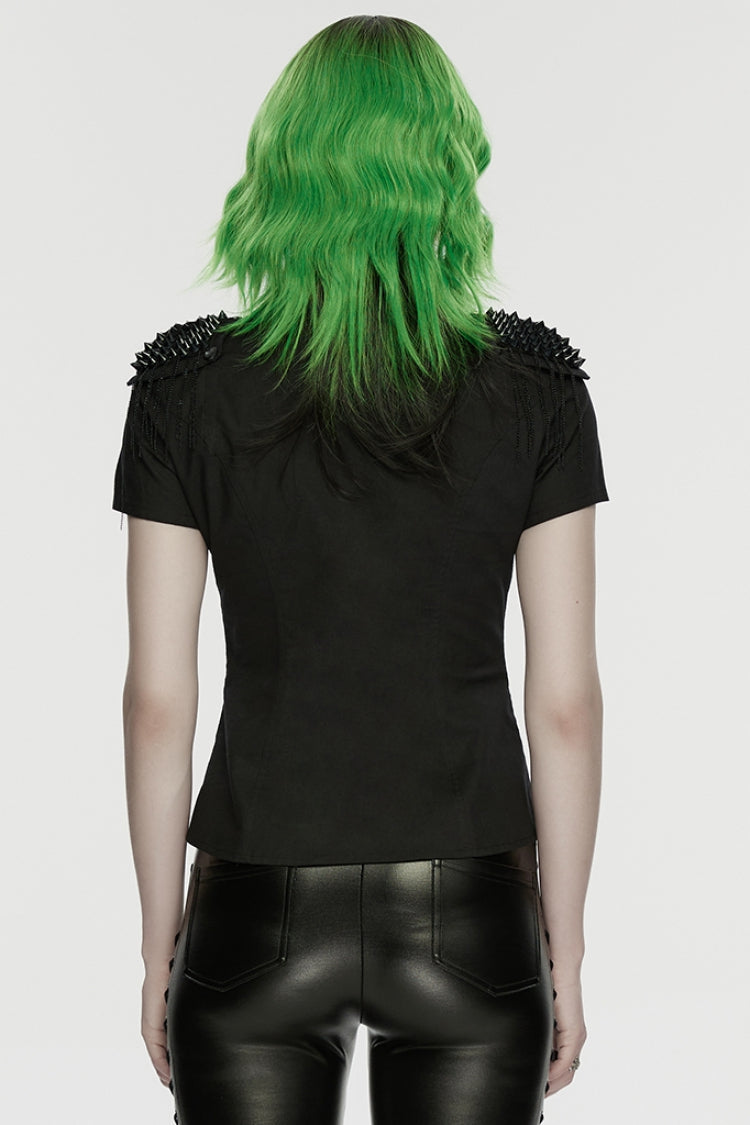 Black Lapel Collar Short Sleeves Mesh Studded Tassels  Women's Punk Blouse - Product - 3