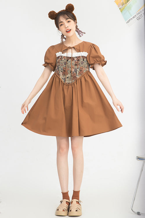 Brauner Krawattenhals, Bärenmuster, Jacquard-Einsatz, Blase, kurze Ärmel, hohe Taille, süß (Kleid einzeln), Detailansicht 2