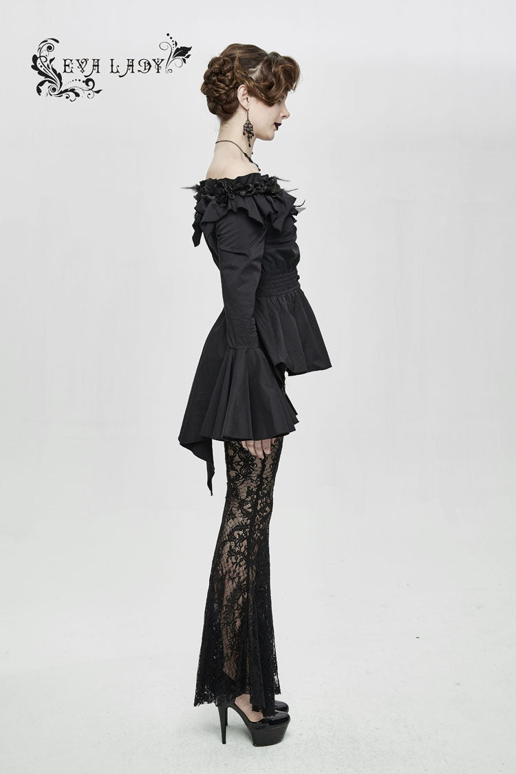 Black Rose Flowers Decoration One-Word Collar Long Sleeve Flare Cuff Women's Gothic Blouse - Product - 6