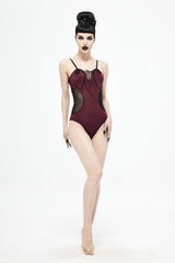 Wine Red Waist Splice Mesh Lace Up Gothic One Piece Swimsuit - Product - 6