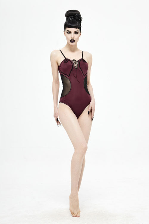 Wine Red Waist Splice Mesh Lace Up Gothic One Piece Swimsuit - Product - 6