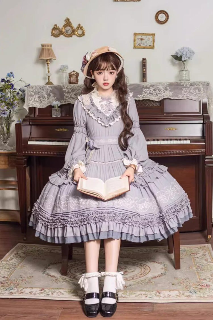 Purple Long Sleeves Ruffle Embroidery Bowknot Sweet Plus Size Elegant Lolita Dress - Product - 5