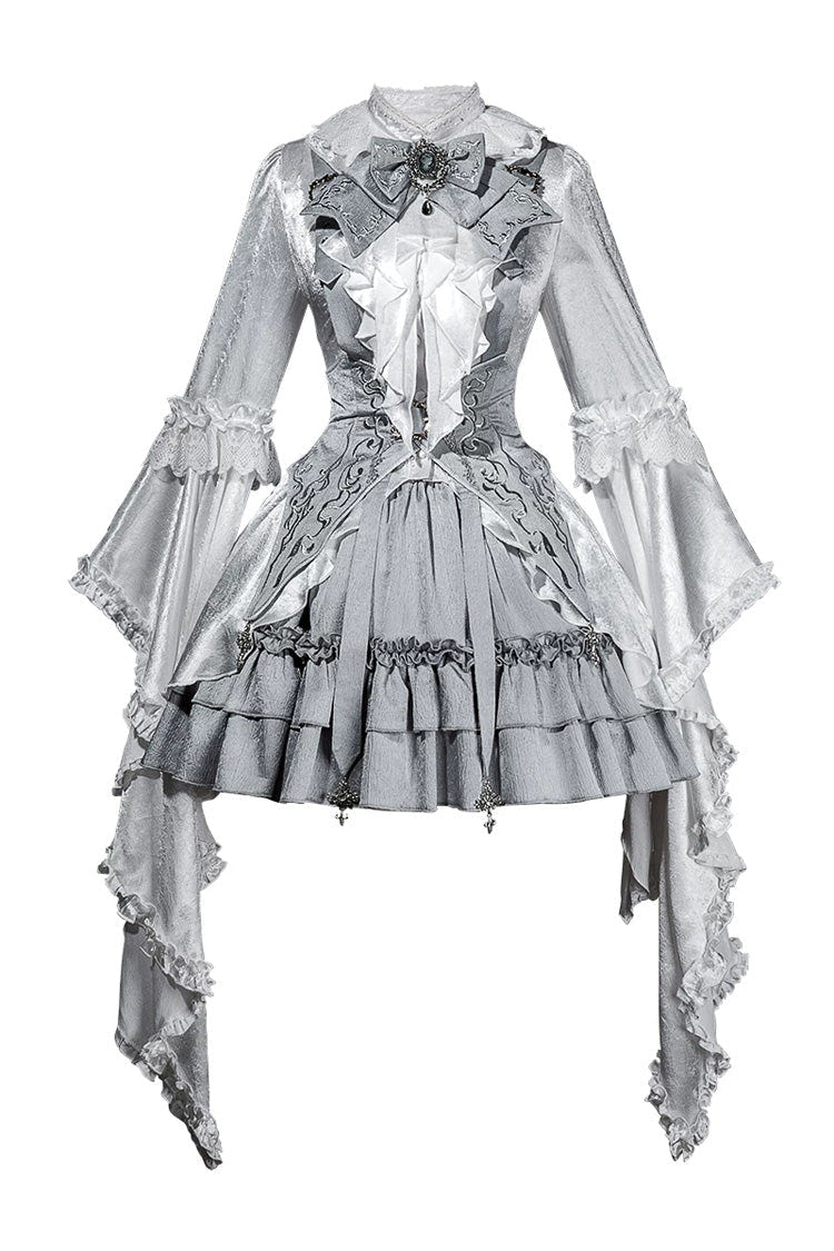 White/Silver [The Silver Key] Long Sleeves Ruffled Embroidered Open-Front Bow Gothic Lolita Skirt Set - Product - 3