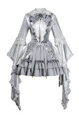 White/Silver [The Silver Key] Long Sleeves Ruffled Embroidered Open-Front Bow Gothic Lolita Skirt Set - Product - 3