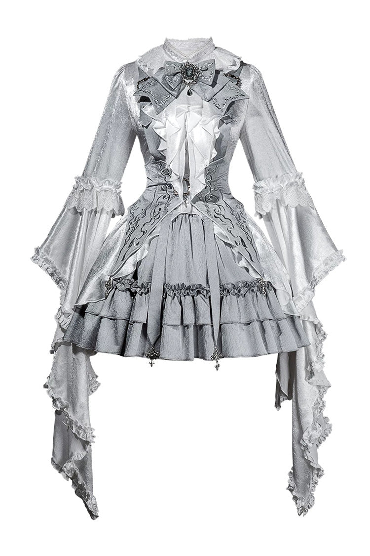 White/Silver [The Silver Key] Long Sleeves Ruffled Embroidered Open-Front Bow Gothic Lolita Skirt Set - Product - 3