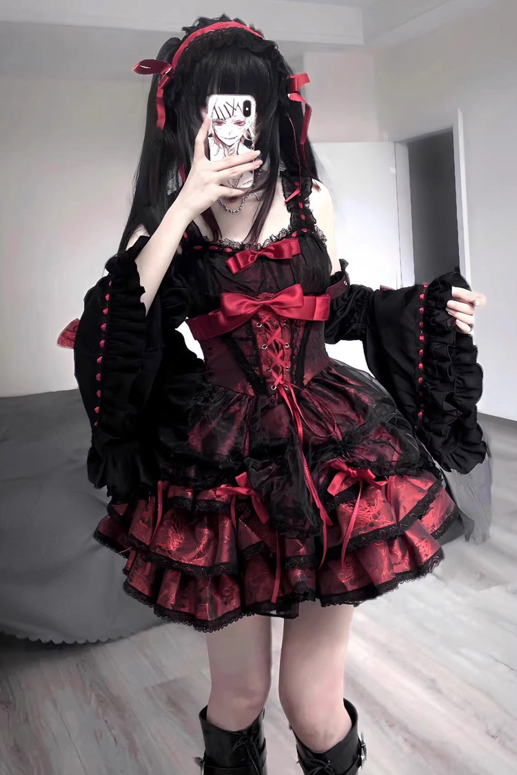 Black/Red Sleeveless Multi-layer Ruffle Bowknot Lace-Up Gothic Princess Lolita Jsk Dress - Product - 3