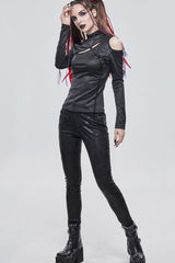 Black Punk Stretch Knitted Fabric Chest Cutout Design Buckle Strap Decoration Long Sleeve Women's Shirt - Product - 4