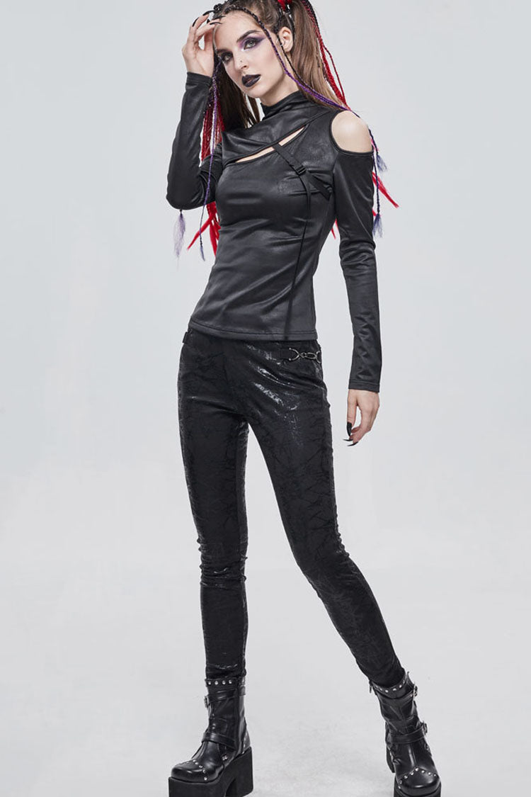Black Punk Stretch Knitted Fabric Chest Cutout Design Buckle Strap Decoration Long Sleeve Women's Shirt - Product - 4