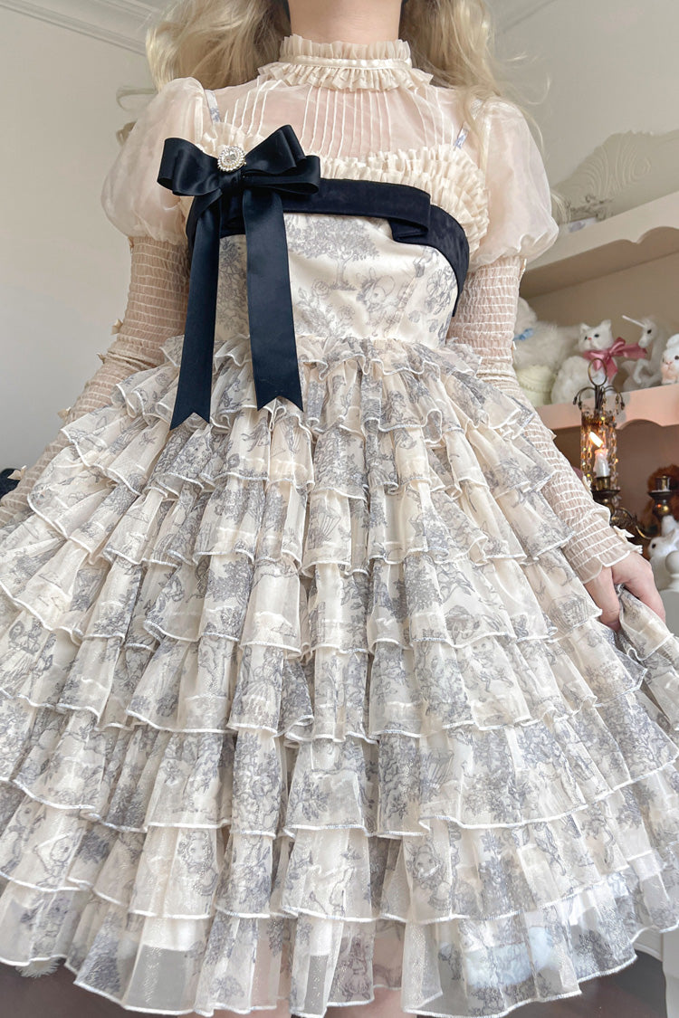 Multi-Color [Wonderland Travels] Multi-Layered Print Ruffle Bowknot Sweet Lolita Tiered Dress - Product - 4