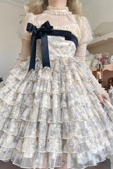 Multi-Color [Wonderland Travels] Multi-Layered Print Ruffle Bowknot Sweet Lolita Tiered Dress - Product - 4