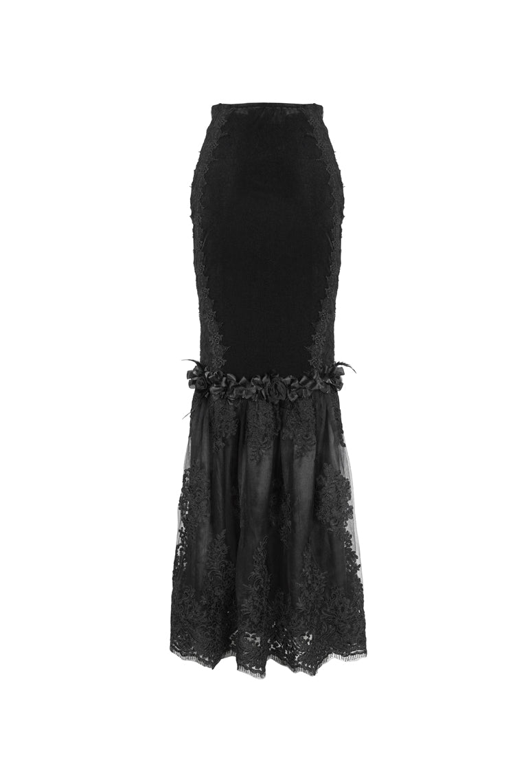 Black High Waisted Embroidery Stitching Lace Women's Gothic Skirt - Product - 5