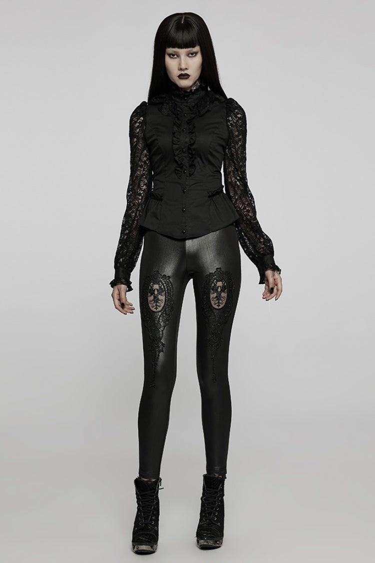 Black Floral Hollow Slim Faux Leather Women's Gothic Leggings - Product - 4