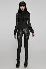 Black Floral Hollow Slim Faux Leather Women's Gothic Leggings - Product - 4