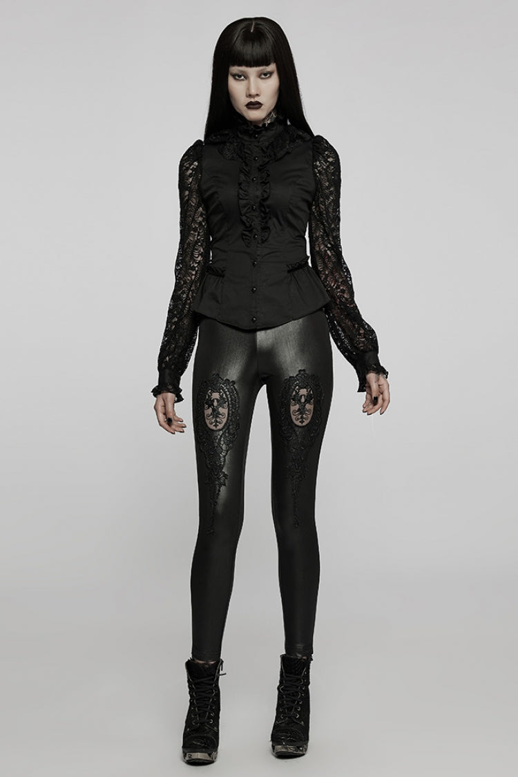 Black Floral Hollow Slim Faux Leather Women's Gothic Leggings - Product - 4