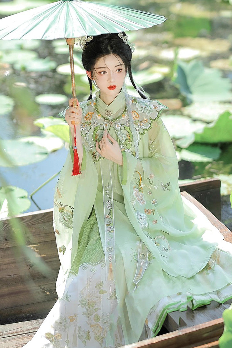 Green [Emerald Fantasy] Ming Dynasty Round Collar Long Sleeves Print Embroidery Sweet Hanfu Dress Set - Product - 2