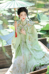 Green [Emerald Fantasy] Ming Dynasty Round Collar Long Sleeves Print Embroidery Sweet Hanfu Dress Set - Product - 2