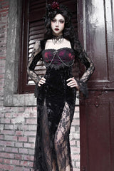 Black/Red [Rose Cemetery] Long Sleeves Lace Slim Gothic Lolita Fishtail Dress - Product - 4