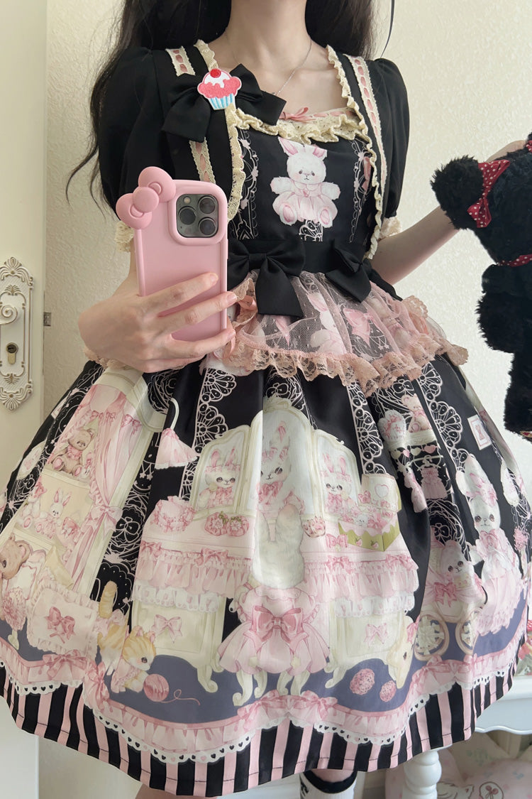 Rabbit Bear Wardrobe Print Ruffle Bowknot Sweet Lolita Dress 3 Colors - Product - 14