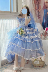 Blue Multi-Layered Ruffled Hanayome Bow Pearl-Decorated Sweet Lolita Jsk Dress Full Set 2 Versions - Product - 4