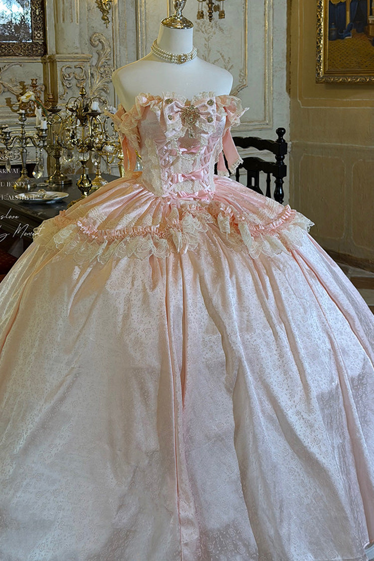 Pink [White Moonlight Lover] Romantic Commemorative Ceremony Sleeveless Ruffled Bow Lace Lace-Up Sweet Elegant Lolita Strapless Dress - Product - 4